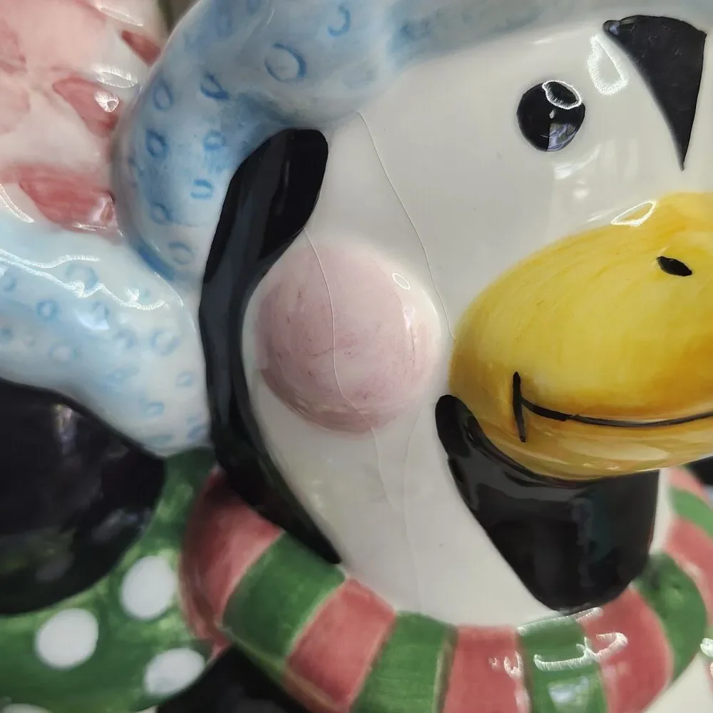 Holiday Penguin Family Ceramic Cookie Jar Christmas Mercuries  12